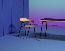 Black and wood dining chair and table on blue and purple background