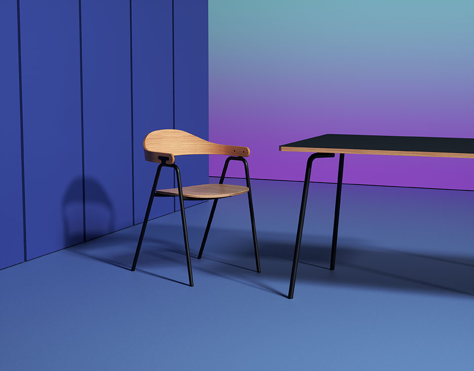 Black and wood dining chair and table on blue and purple background