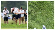 Tyrell Hatton striking a ball out of the rough at Oakmont Country Club and a birds eye visual of what the ball looks like in the rough