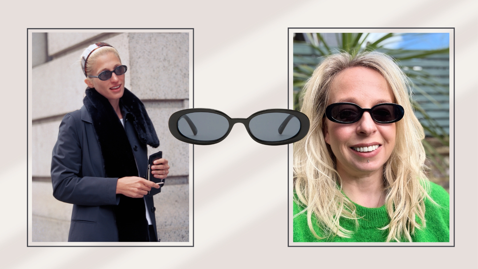 Carolyn Bessette-Kennedy and Antonia Kraskowski wearing oval black acetate sunglasses