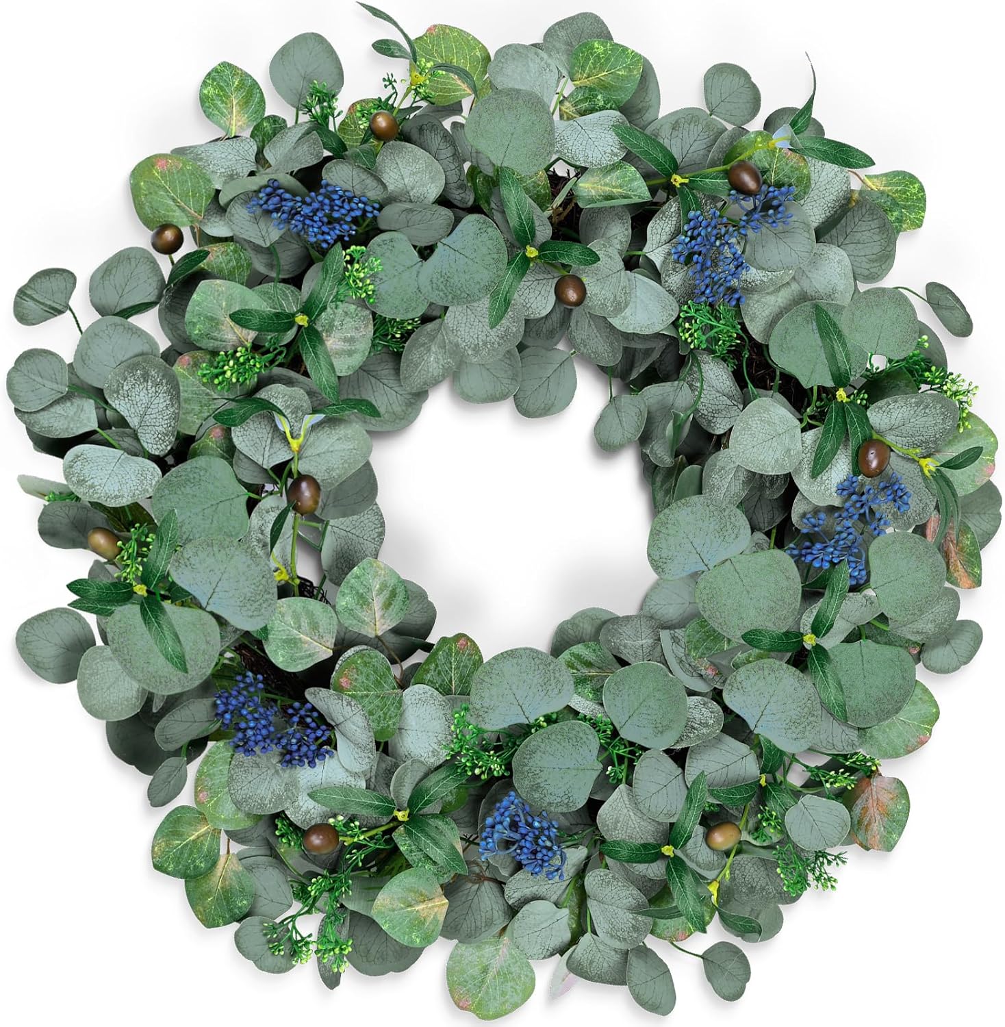 Colorspec 22 Inch Eucalyptus Wreath With Olive Leaves and Berries All Year Round, Handmade Green Spring Summer Wreaths for Front Door Indoor Outdoor Wedding Holiday