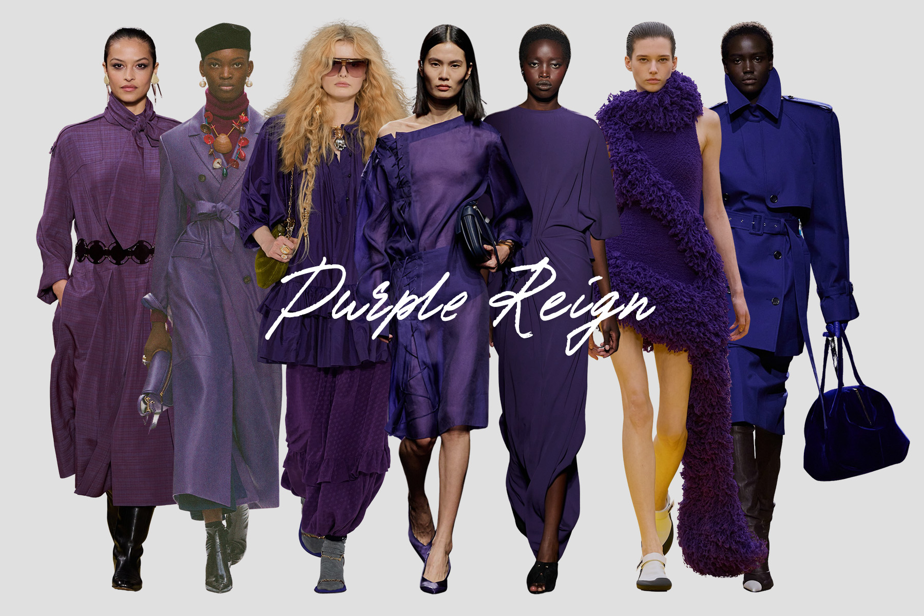 A collage spotlighting the fall/winter 2026 runway trend Purple Reign, featuring images from Balenciaga, Celine, Chlo&eacute;, Ferragamo, Loewe, Mugler, and Tory Burch.
