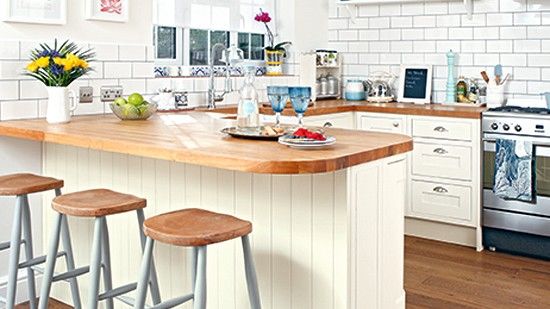 kitchen with wooden countertop and wooden flooring