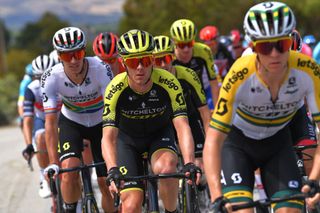 Mitchelton-Scott’s Michael Hepburn (centre) works on the front of the bunch during stage 5 of the 2020 Tour Down Under