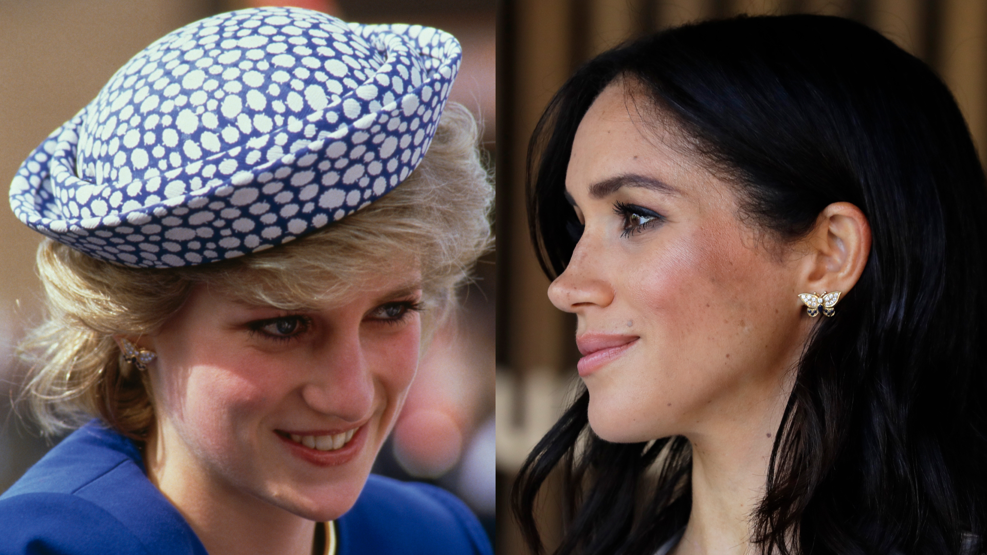 A split image of Princess Diana and Meghan Markle wearing the same butterfly earrings