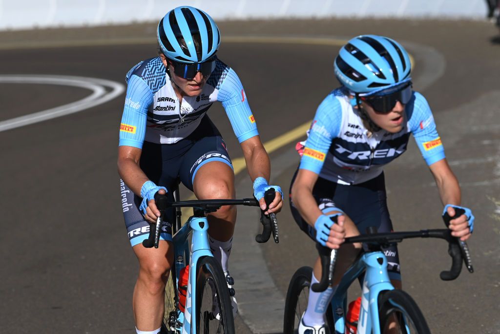 JEBEL HAFEET UNITED ARAB EMIRATES FEBRUARY 11 LR Elisa Longo Borghini of Italy and Gaia Realini of Italy and Team Trek Segafredo compete in the breakaway during the 1st UAE Tour Women 2023 Stage 3 a 107km stage from Hazza bin Zayed Stadium Al Ain to Jebel Hafeet 1030m UAETourWomen UCIWWT on February 11 2023 in Jebel Hafeet United Arab Emirates Photo by Tim de WaeleGetty Images