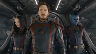 Chris Pratt, along with Pom Klementieff and Karen Gillan, with Dave Bautista in the back with Groot in Guardians of the Galaxy Vol. 3.