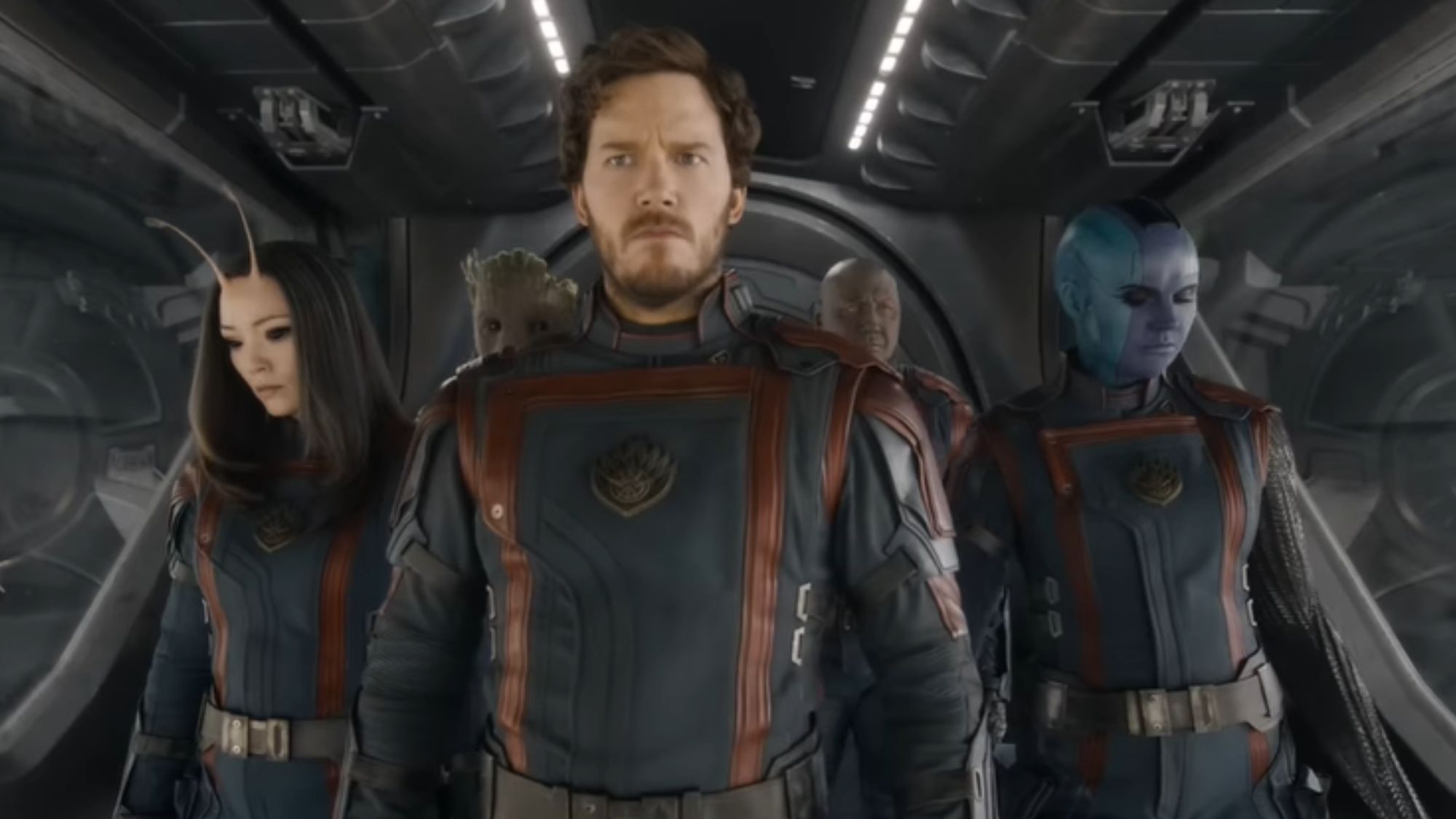 Chris Pratt, along with Pom Klementieff and Karen Gillan, with Dave Bautista in the back with Groot in Guardians of the Galaxy Vol. 3.