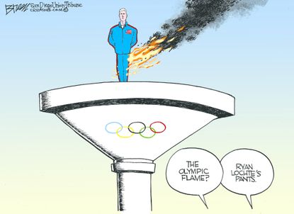 Editorial cartoon US Ryan Lochte pants on fire Rio Olympics 2016