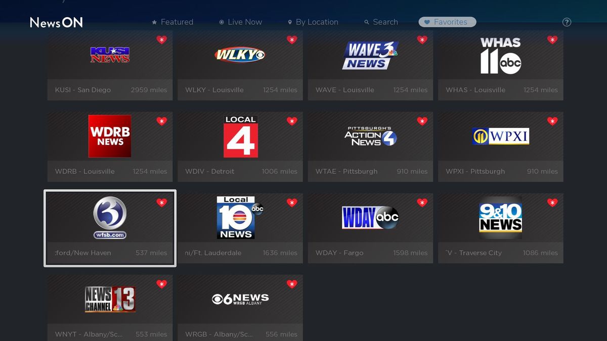 Favorite stations screen on NewsON.