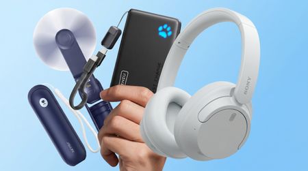 A travel charger, headphones and travel fan