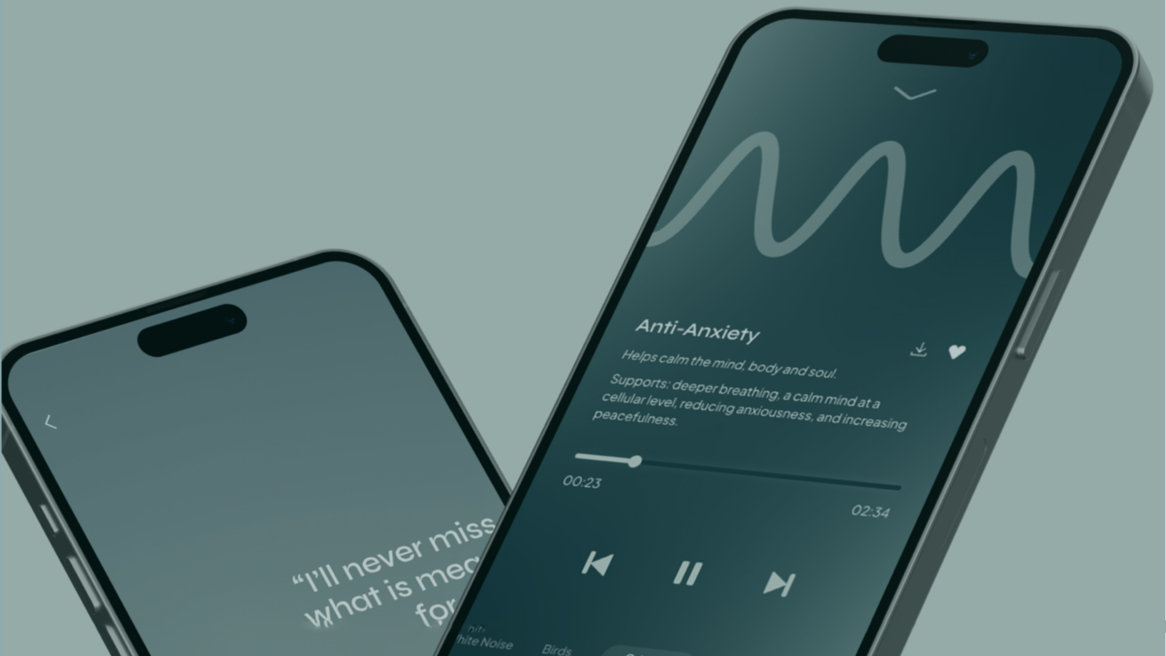 Two phone screens showing the Soaak App being used, one displaying an anti-anxiety sound frequency, the other showing a mindful intention, against a green background