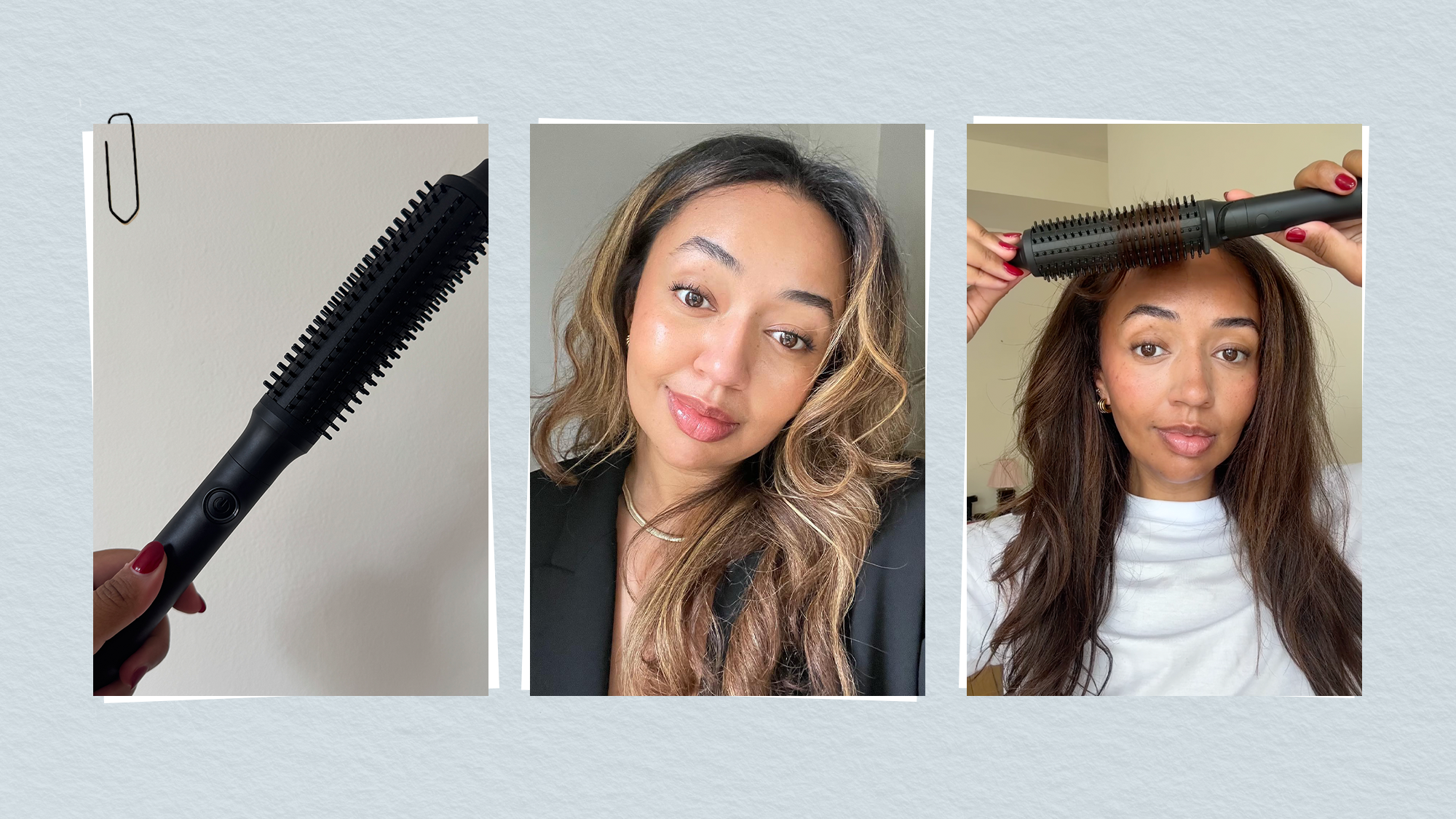 Graphic of the GHD Rise hot brush with selfies of Rhew Cartwright using the hair tool to curl her hair