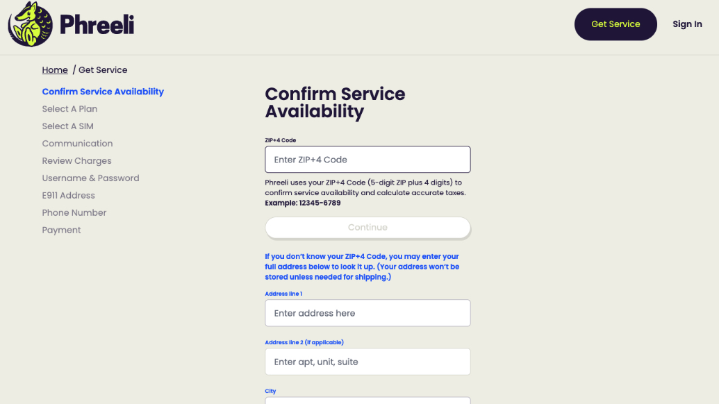The Phreeli sign up page