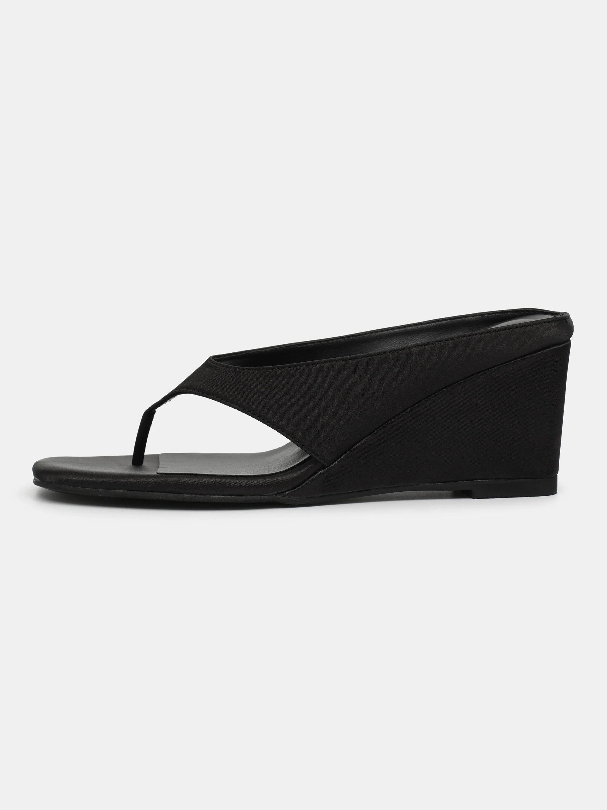 Satin-Effect Thong Mules, Black