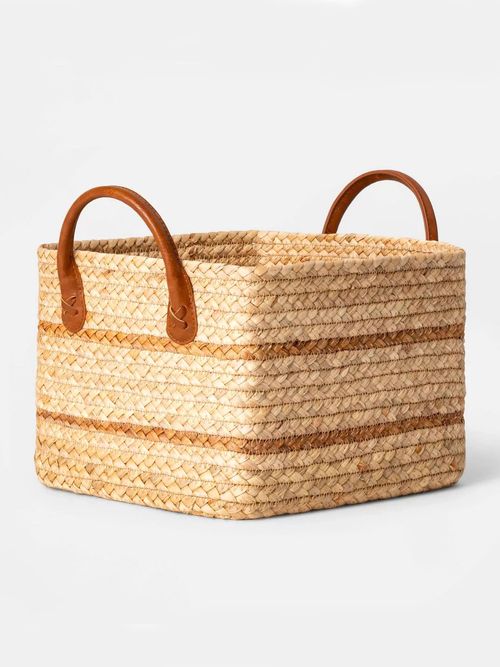 Braided Water Hyacinth Basket With Faux Leather Handles 