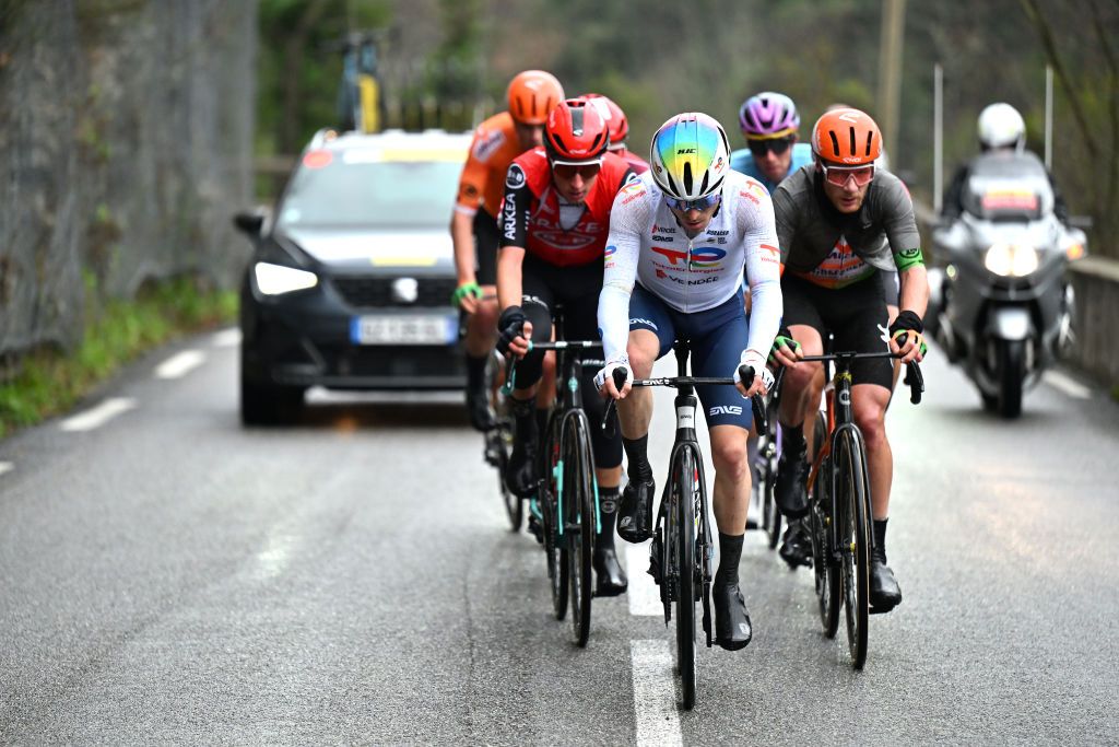 GOURDON FRANCE FEBRUARY 22 Matteo Vercher of France and Team TotalEnergies leads the breakaway during the 57th Tour des Alpes Maritimes et du Var 2025 Stage 1 a 1624km stage from Contes to Gourdon on February 22 2025 in Gourdon France Photo by Billy CeustersGetty Images