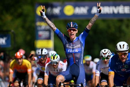 LAPLAINETONIQUE FRANCE JULY 31 Jake Stewart of Great Britain and Team GroupamaFDJ celebrates at finish line as stage winner during the 35th Tour de lAin 2023 Stage 1 a 154km stage from Loyettes to La Plaine Tonique on July 31 2023 in La Plaine Tonique France Photo by Luc ClaessenGetty Images
