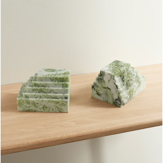 green and white marble bookends with geometric pattern
