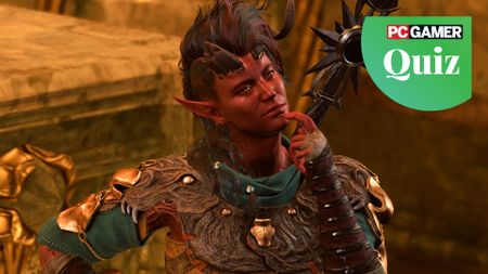 Karlach from Baldur's Gate 3 standing with her finger to her mouth in a "thinking" pose. 