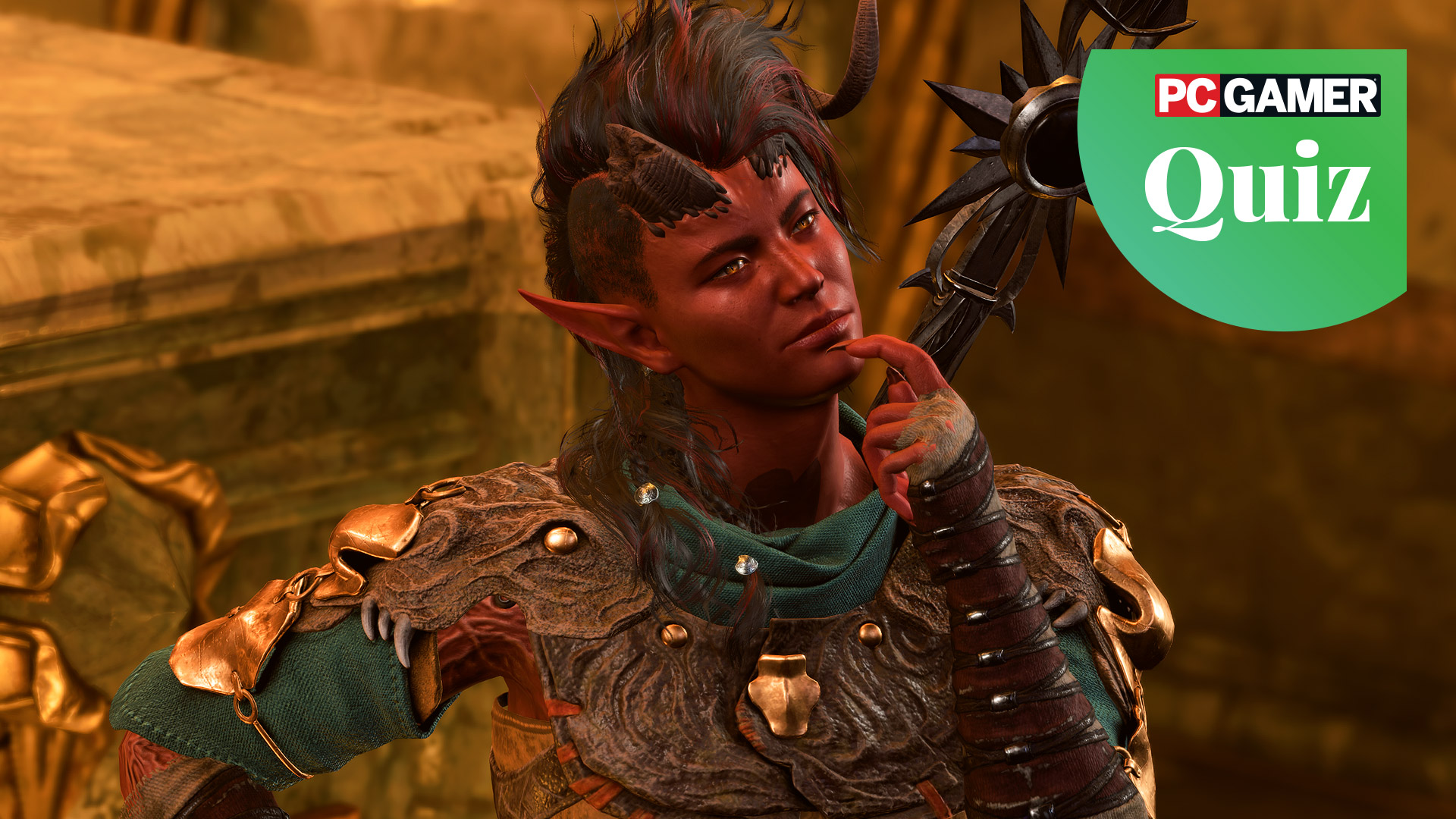 Karlach from Baldur's Gate 3 standing with her finger to her mouth in a "thinking" pose. 