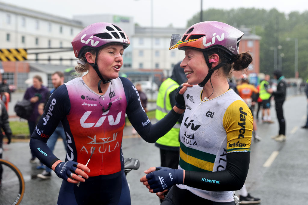 MANCHESTER ENGLAND JUNE 09 LR Amber Pate of Australia and stage winner Ruby RosemanGannon of Australia and Team Liv AlUla Jayco react after the 9th Tour of Britain Women 2024 Stage 4 a 992km stage from Manchester to Manchester UCIWWT on June 09 2024 in Manchester England Photo by Matt McNultyGetty Images