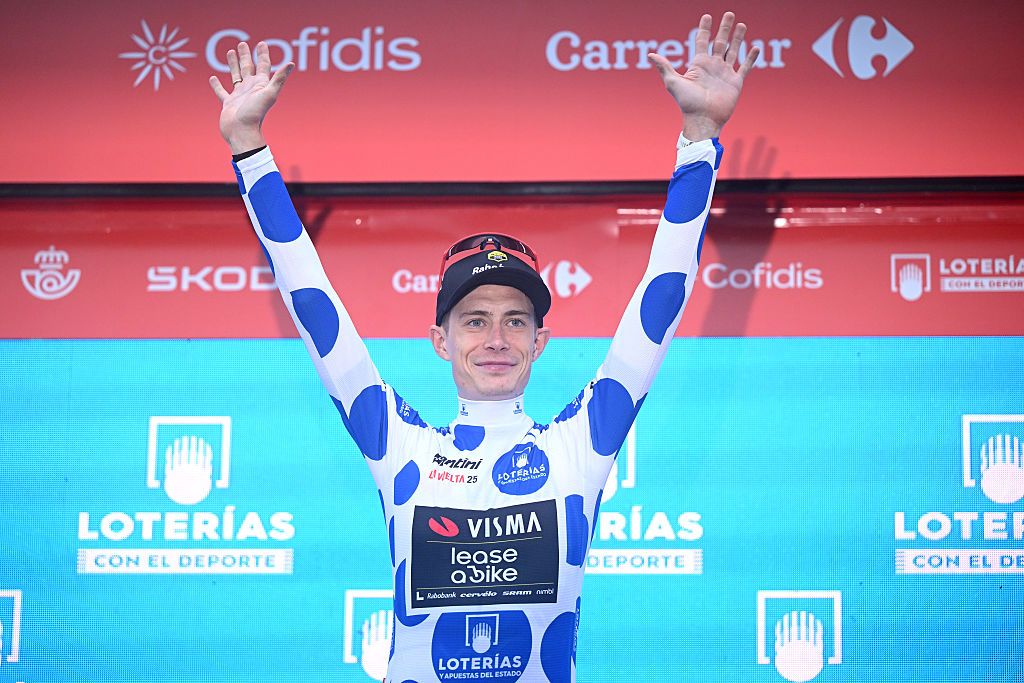 LIMONE PIEMONTE, ITALY - AUGUST 24: Jonas Vingegaard of Denmark and Team Visma | Lease a Bike celebrates at podium as Polka dot Mountain Jersey winner during the La Vuelta - 80th Tour of Spain 2025, Stage 2 a 159.5km stage from Alba to Limone Piemonte 1389m / #UCIWT / on August 24, 2025 in Limone Piemonte, Italy.