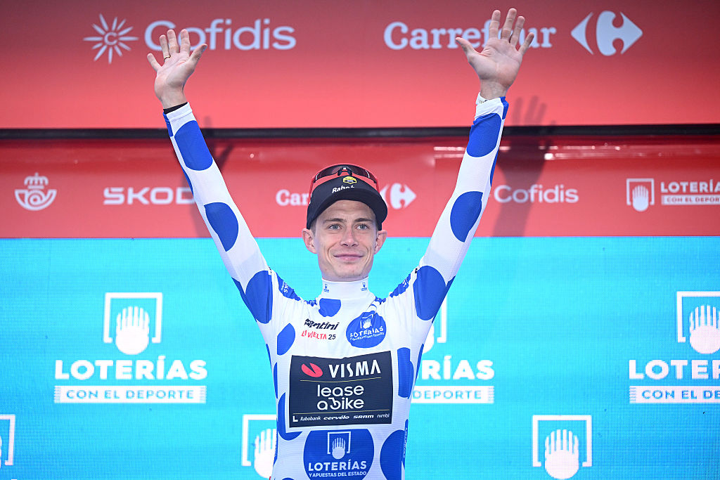 LIMONE PIEMONTE, ITALY - AUGUST 24: Jonas Vingegaard of Denmark and Team Visma | Lease a Bike celebrates at podium as Polka dot Mountain Jersey winner during the La Vuelta - 80th Tour of Spain 2025, Stage 2 a 159.5km stage from Alba to Limone Piemonte 1389m / #UCIWT / on August 24, 2025 in Limone Piemonte, Italy.