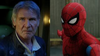 Han Solo (Harrison Ford) looks ahead in Star Wars: The Force Awakens, while Spidey (Tom Holland) looks forward in Spider-Man: Brand New Day.