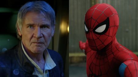 Han Solo (Harrison Ford) looks ahead in Star Wars: The Force Awakens, while Spidey (Tom Holland) looks forward in Spider-Man: Brand New Day.