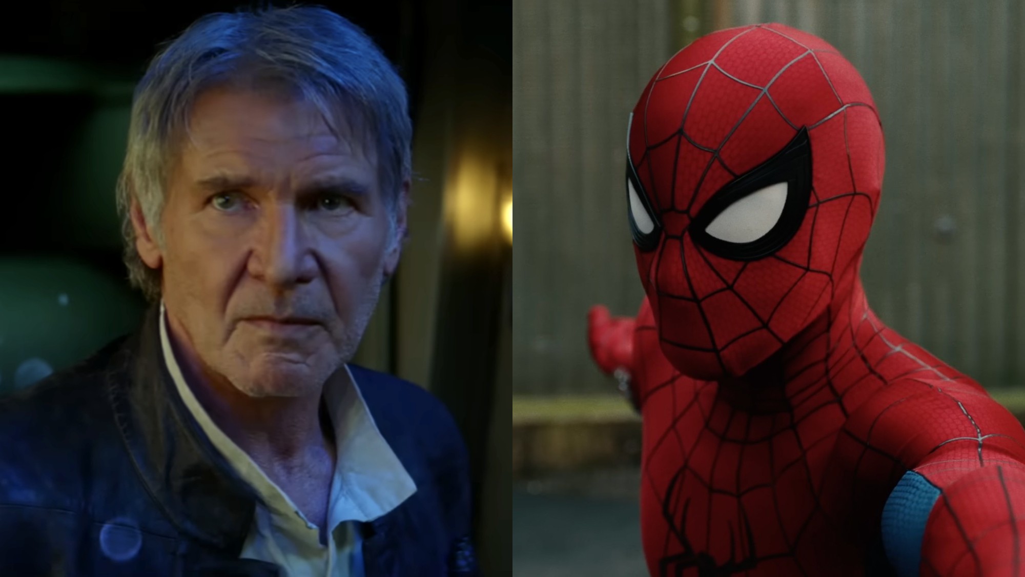 Han Solo (Harrison Ford) looks ahead in Star Wars: The Force Awakens, while Spidey (Tom Holland) looks forward in Spider-Man: Brand New Day.