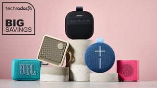 Array of Bluetooth speakers with a badge that reads 'TechRadar Big Savings'