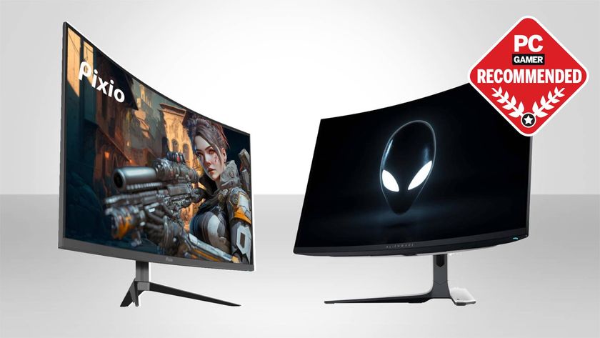 gaming monitors on a colourful background with PC Gamer Recommended logo