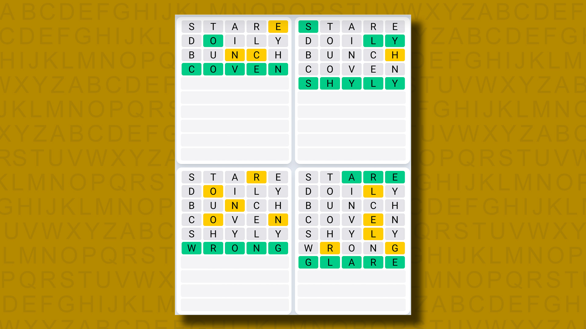 Quordle daily sequence answers for game 881 on a yellow background