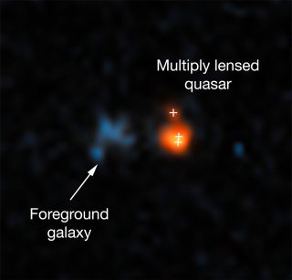 Hubble's view of the distant quasar J043947.08+163415.7, which is magnified by an intervening foreground galaxy.