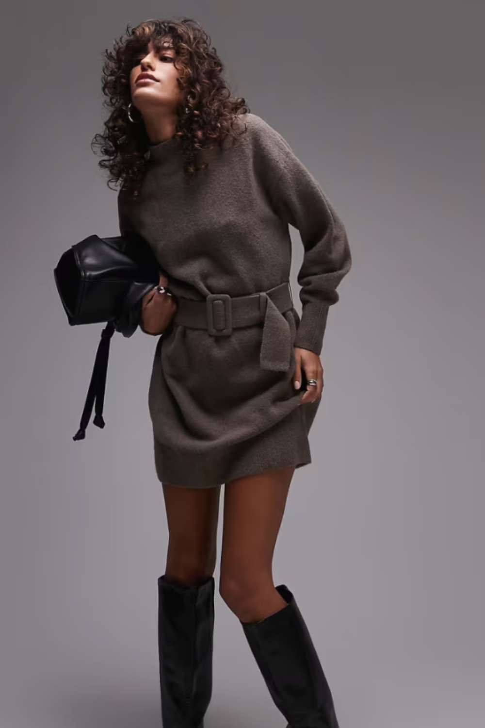 & Other Stories Knitted Mini Dress With Belt in Mole Melange