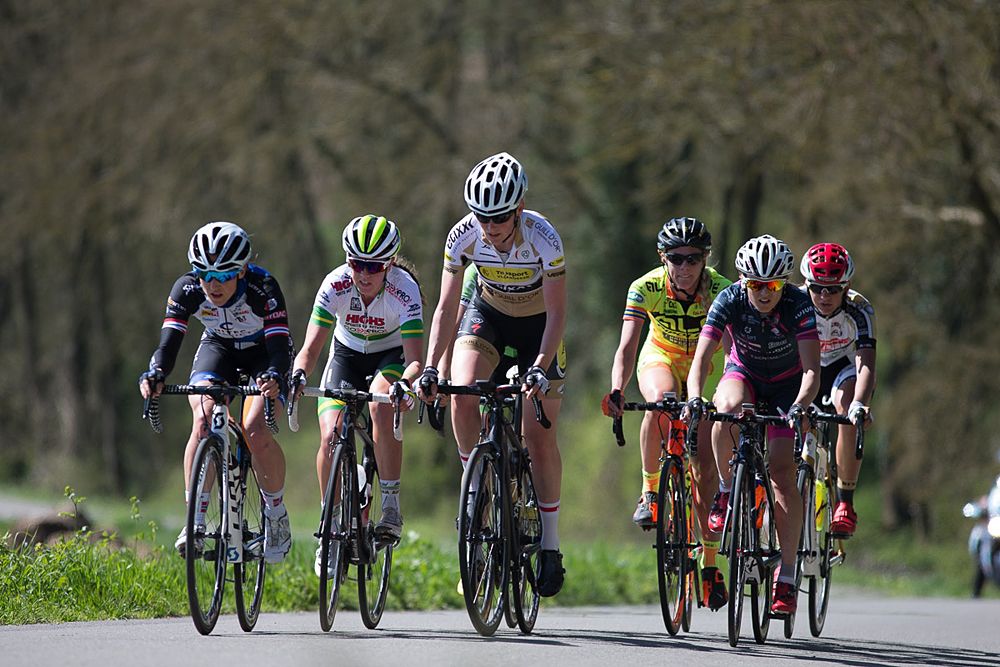 Sophie Duyck (BEL) of Topsport Vlaanderen Etixx Cycling Team leads the breakaway group during the first lap of the Fl&egrave;che Wallonne Femmes