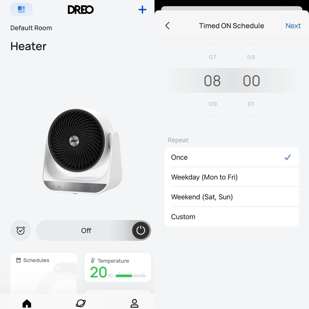 App screenshots of the Dreo Smart Whole Room Heater 714S