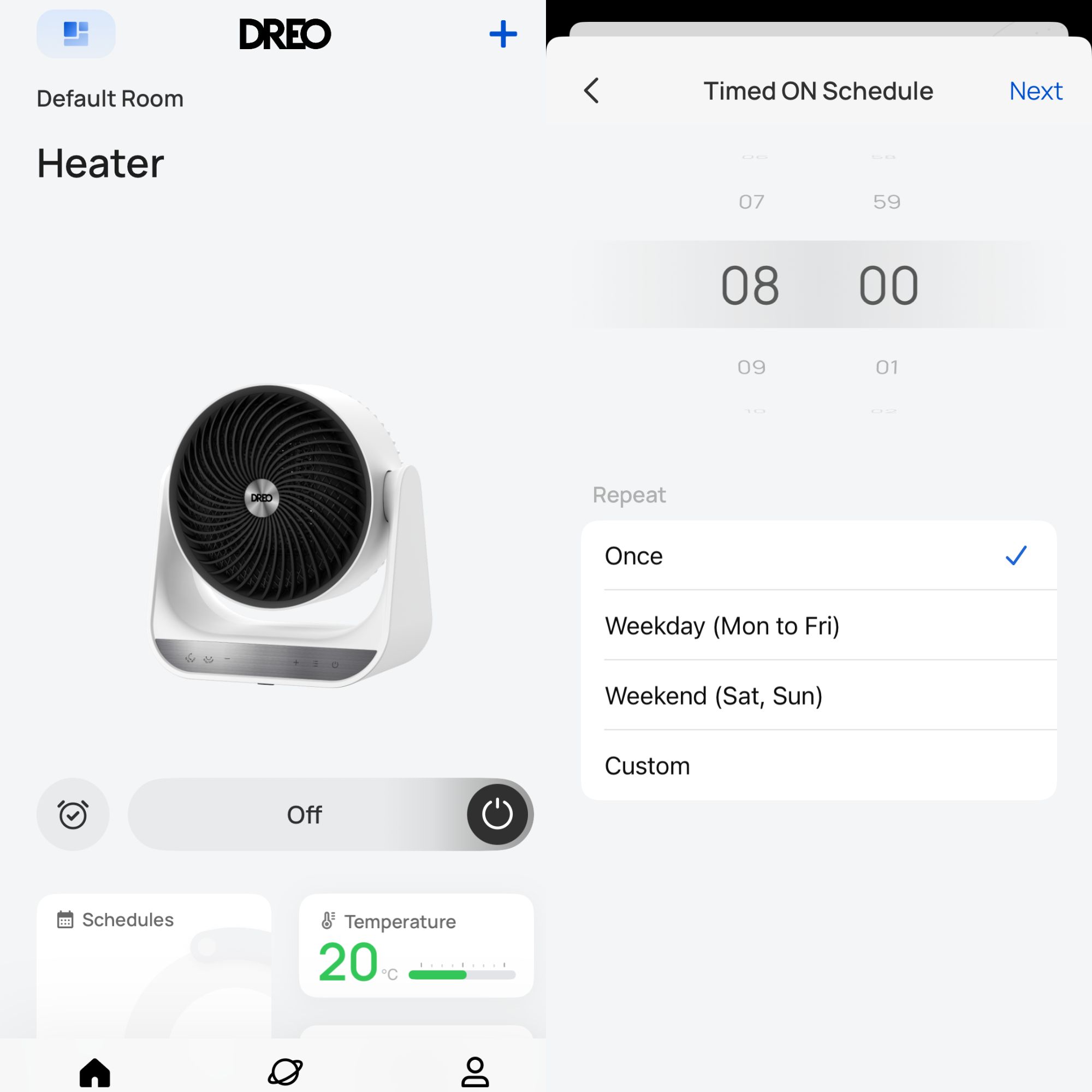 App screenshots of the Dreo Smart Whole Room Heater 714S