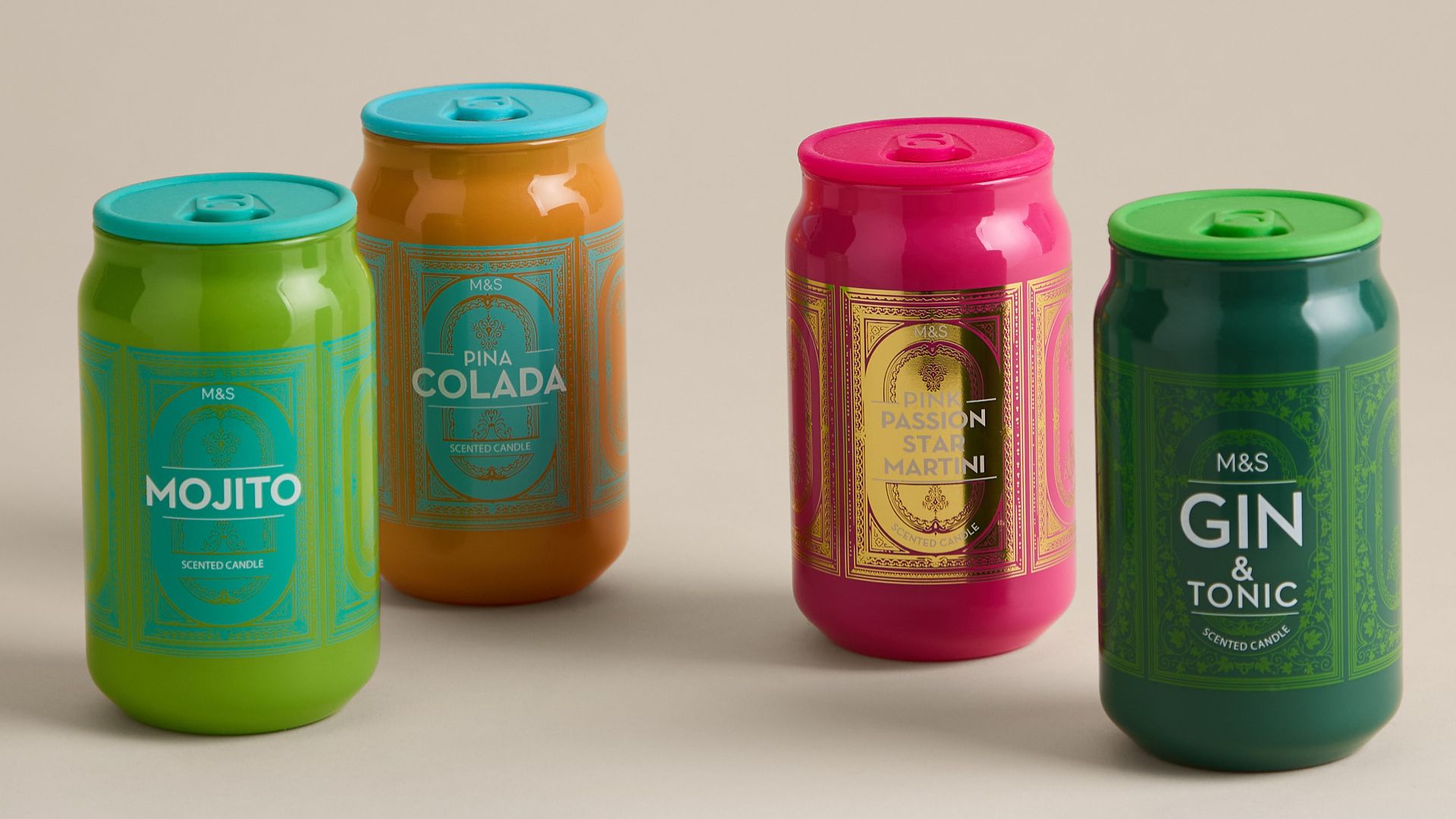 A set of four candles modelled after M&amp;S tinned cocktails