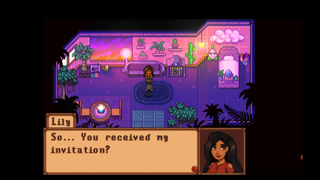 Lily speaking to the player in Haunted Chocolatier in her retrowave house