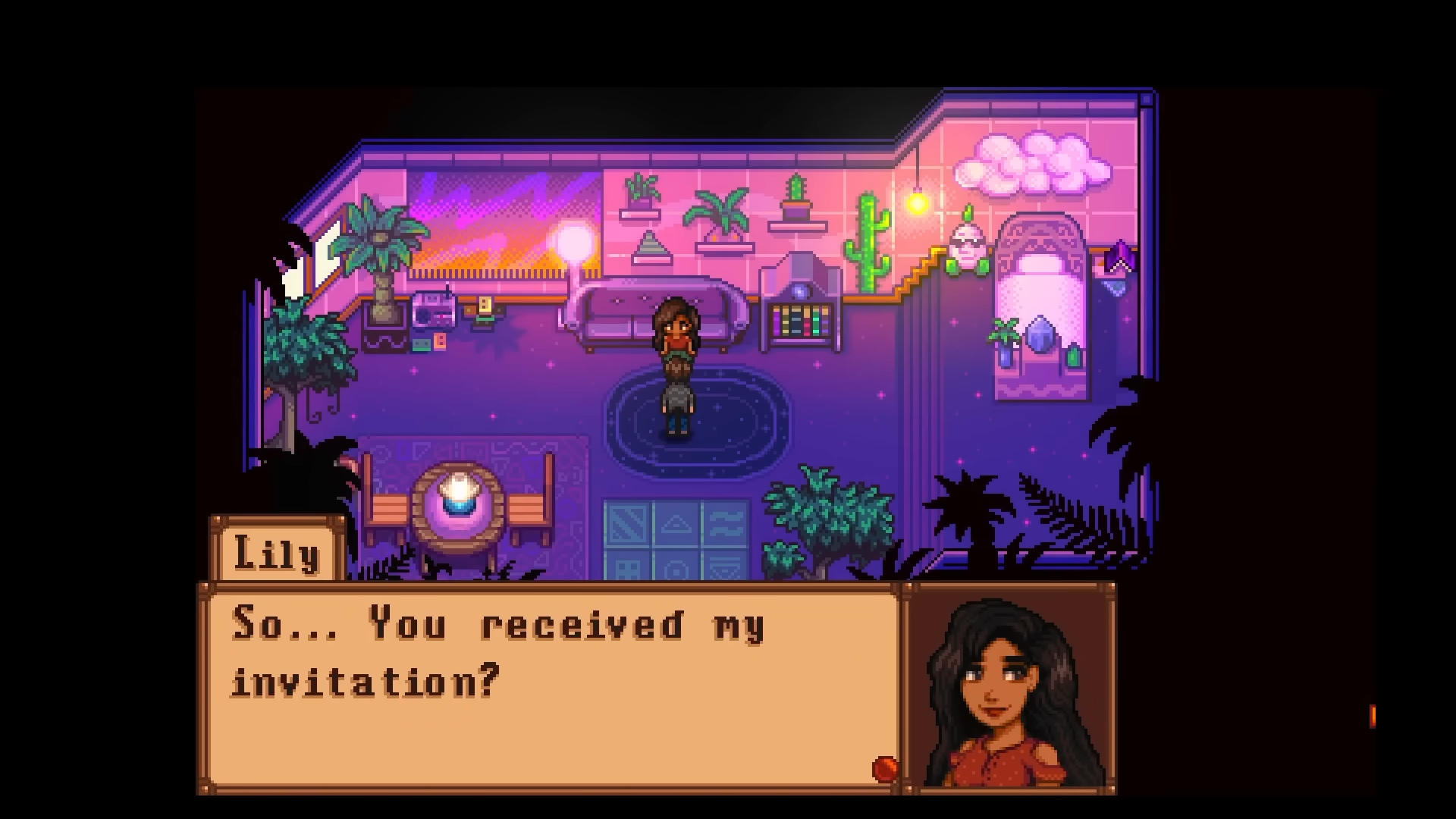 Lily speaking to the player in Haunted Chocolatier in her retrowave house