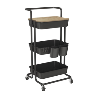 A black utility storage cart with a wood top cover from Amazon