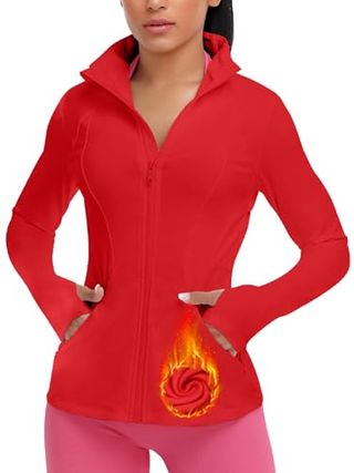 Vutru Damen-Fleece-Trainingsjacke, durchgehender Reißverschluss, Laufbahnjacke, Yoga-Sportjacke für Frauen (rotes Netzgewebe hinten, XL)