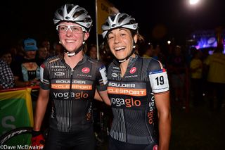 New Boulder Cycle Sport team-mates Amanda Miller (L) and Crystal Anthony (R) at the finish