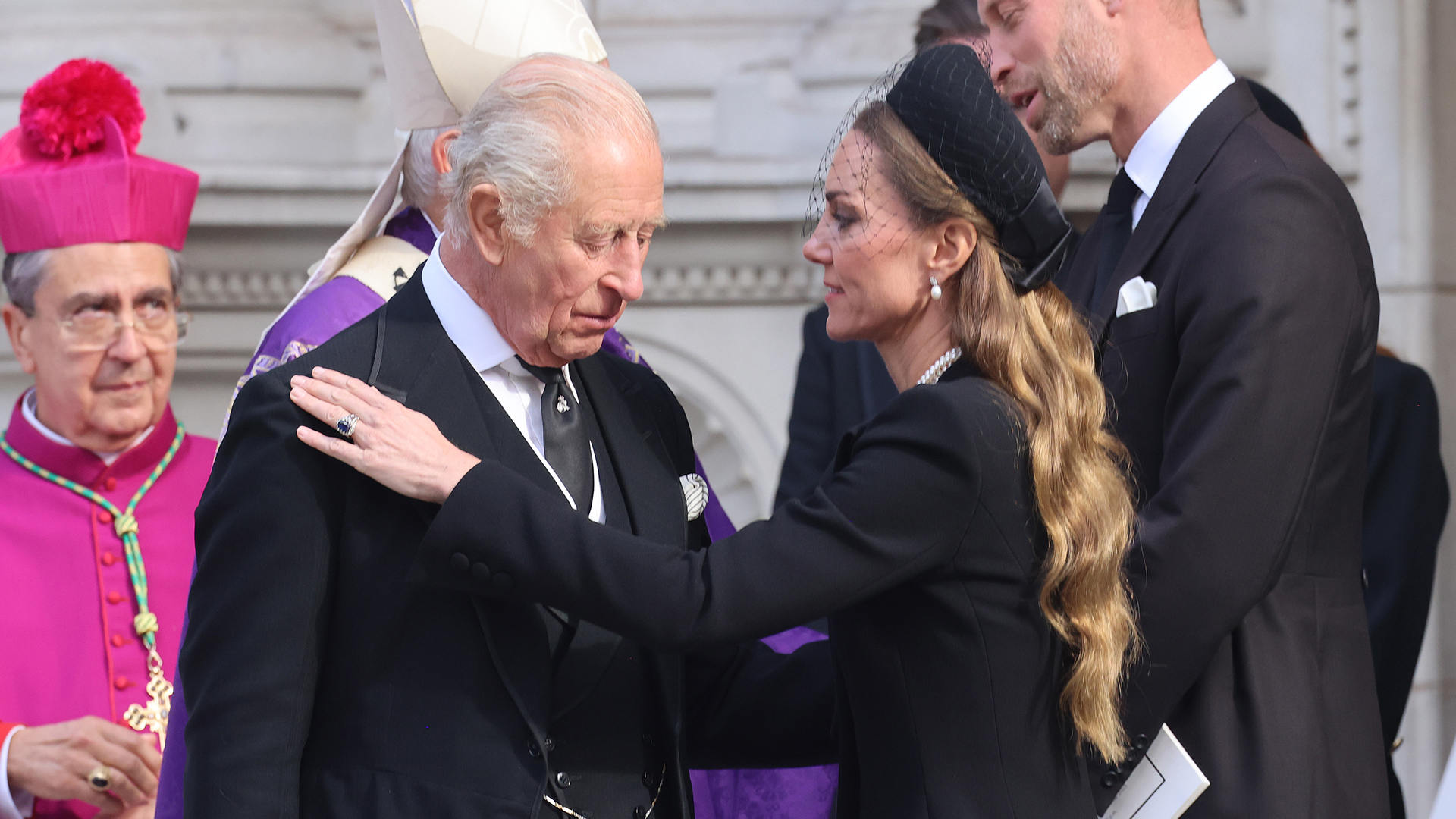 LONDON, ENGLAND - SEPTEMBER 16: Catherine, Princess of Wales and King Charles III at the Requiem Mass service for the Duchess of Kent at Westminster Cathedral on September 16, 2025 in London, England. Katharine, Duchess of Kent was married to Prince Edward, Duke of Kent, the first cousin of Queen Elizabeth II. She died on September 4 at the age of 92 at Kensington Palace surrounded by her family. Having converted to Catholicism in 1994, her funeral takes place at Westminster Cathedral and is the first Catholic funeral to be held for a member of the royal family in modern British history. Her Royal Highness will be laid to rest at the Royal Burial Ground at Frogmore, Windsor. (Photo by Neil Mockford/GC Images)
