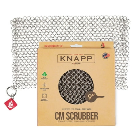 Knapp Made Cm Scrubber 9"x6" Small Ring Cast Iron Scrubber - Cast Iron Cleaner for Hard Anodized Cookware, Pre-Seasoned Pans, Dutch Ovens, Iron Pans, Grills and Skillet. Chain Mail Scrubber Cast Iron
