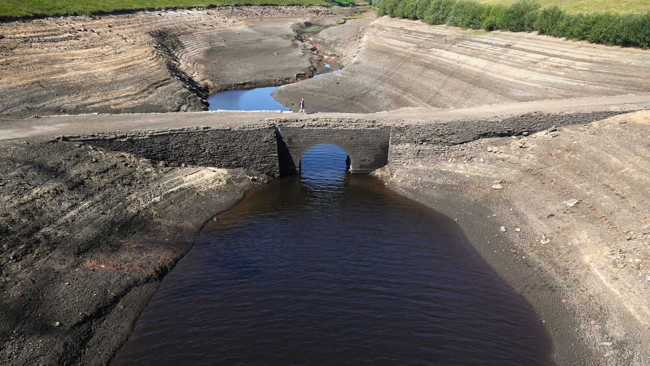 Low water levels at Baitings Reservoir in West Yorkshire