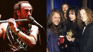 Ian Anderson (left) and Metallica pick up a Grammy in 1992