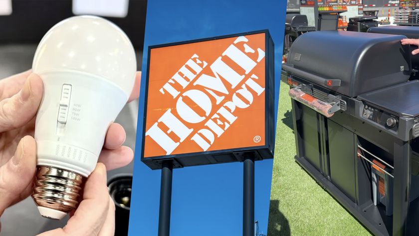 EcoSmart Universal Select lightbulb, Home Depot sign and Traeger Woodridge Pro pellet smoker